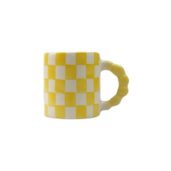 Yellow Checkered Ceramic Mug , 3x3x3.5 Inches (Set of 2)