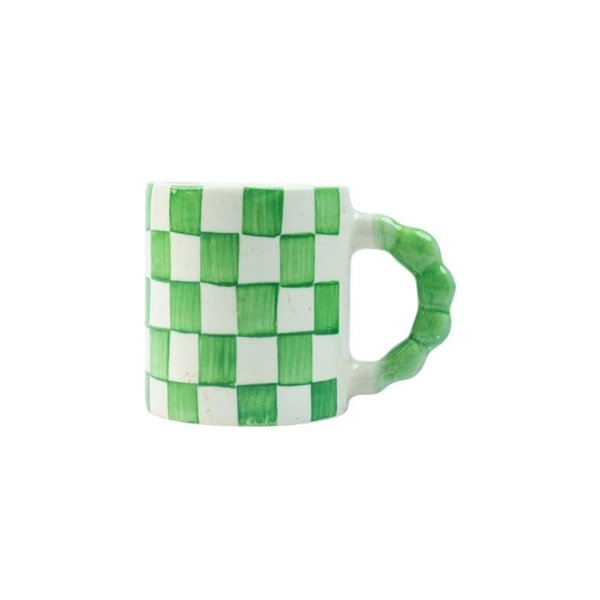 Green Checkered Ceramic Mug, 3x3x3.5 Inches (Set of 2)
