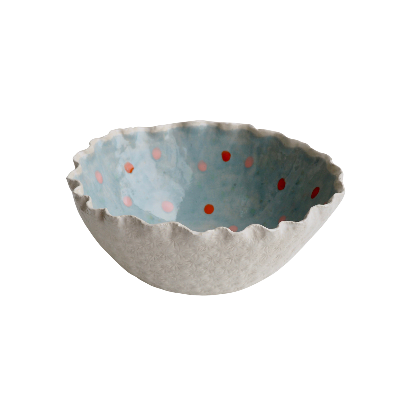 Handmade Blue & White Textural Ceramic Fruit Bowl with orange & pink polka dots