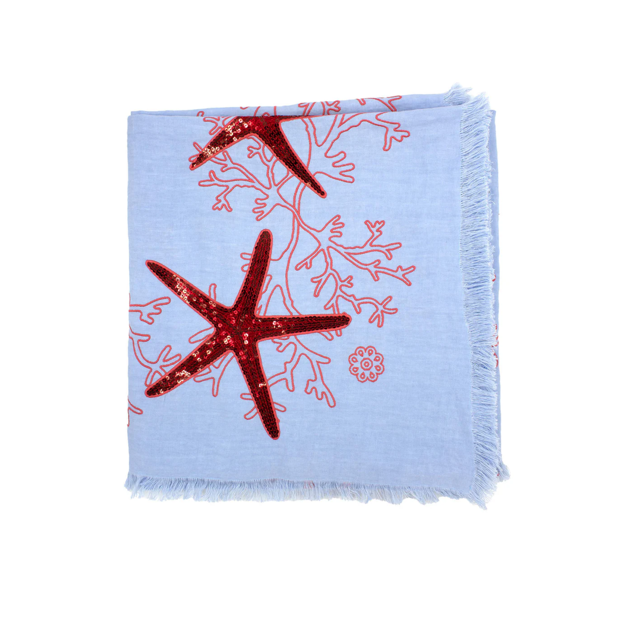 Pink Coral Tablecloth with Fringe - Light Blue Linen
