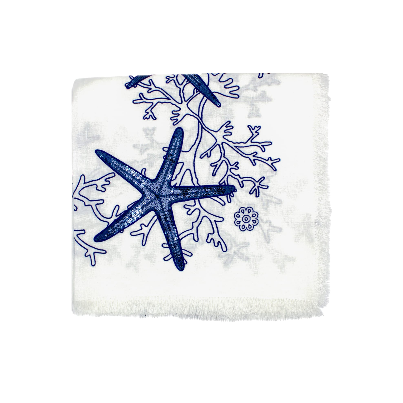 Blue Coral Tablecloth with Fringe - White Linen