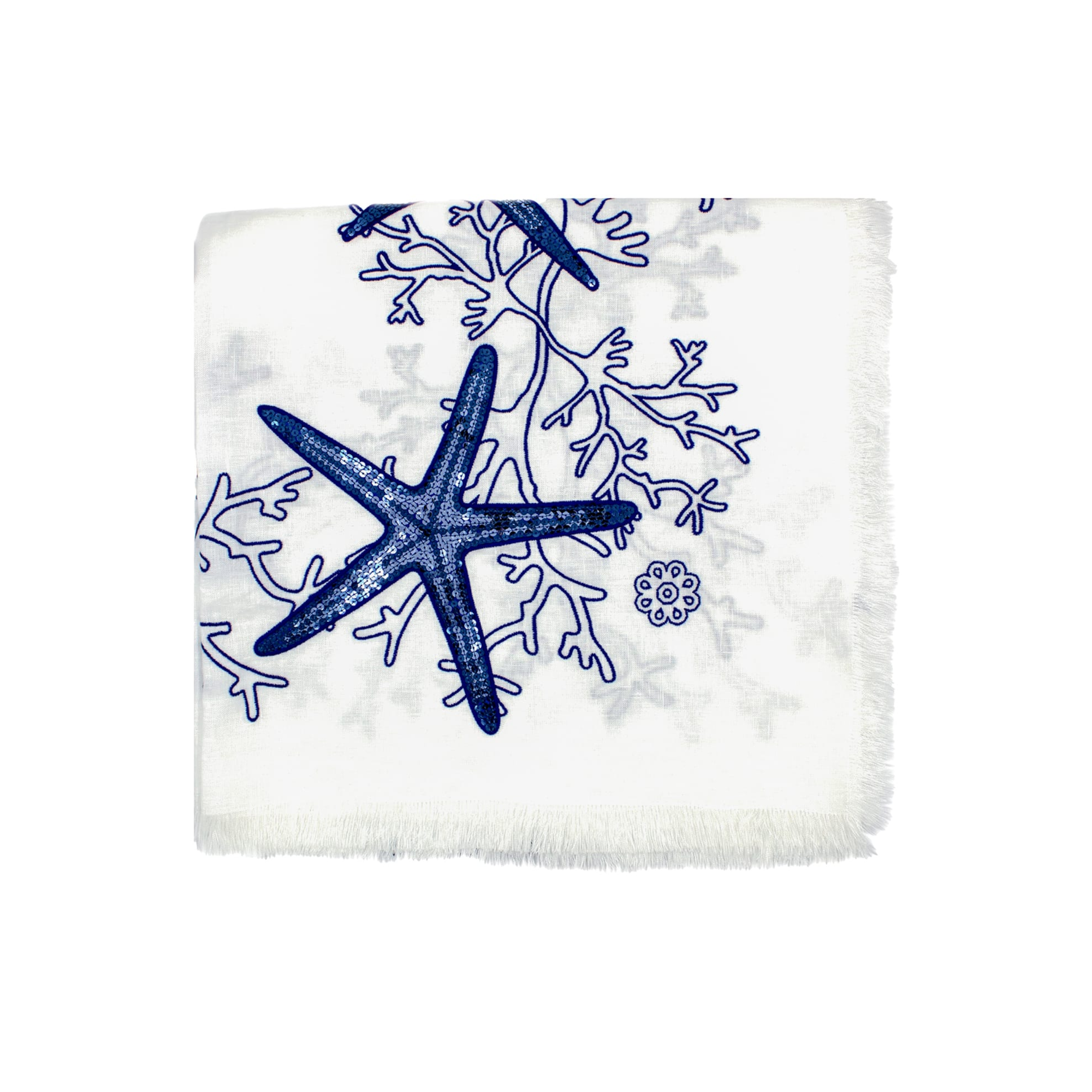 Blue Coral Tablecloth with Fringe - White Linen
