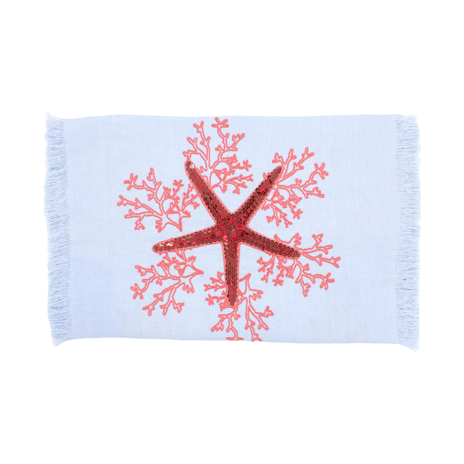 Pink Coral Linen Runner with Fringe - Light Blue Linen