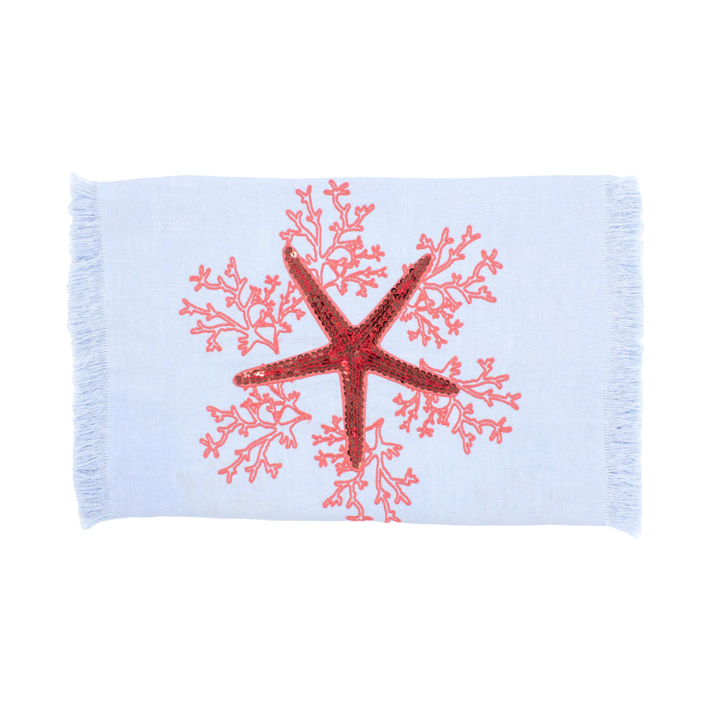 Pink Coral Linen Runner with Fringe - Light Blue Linen