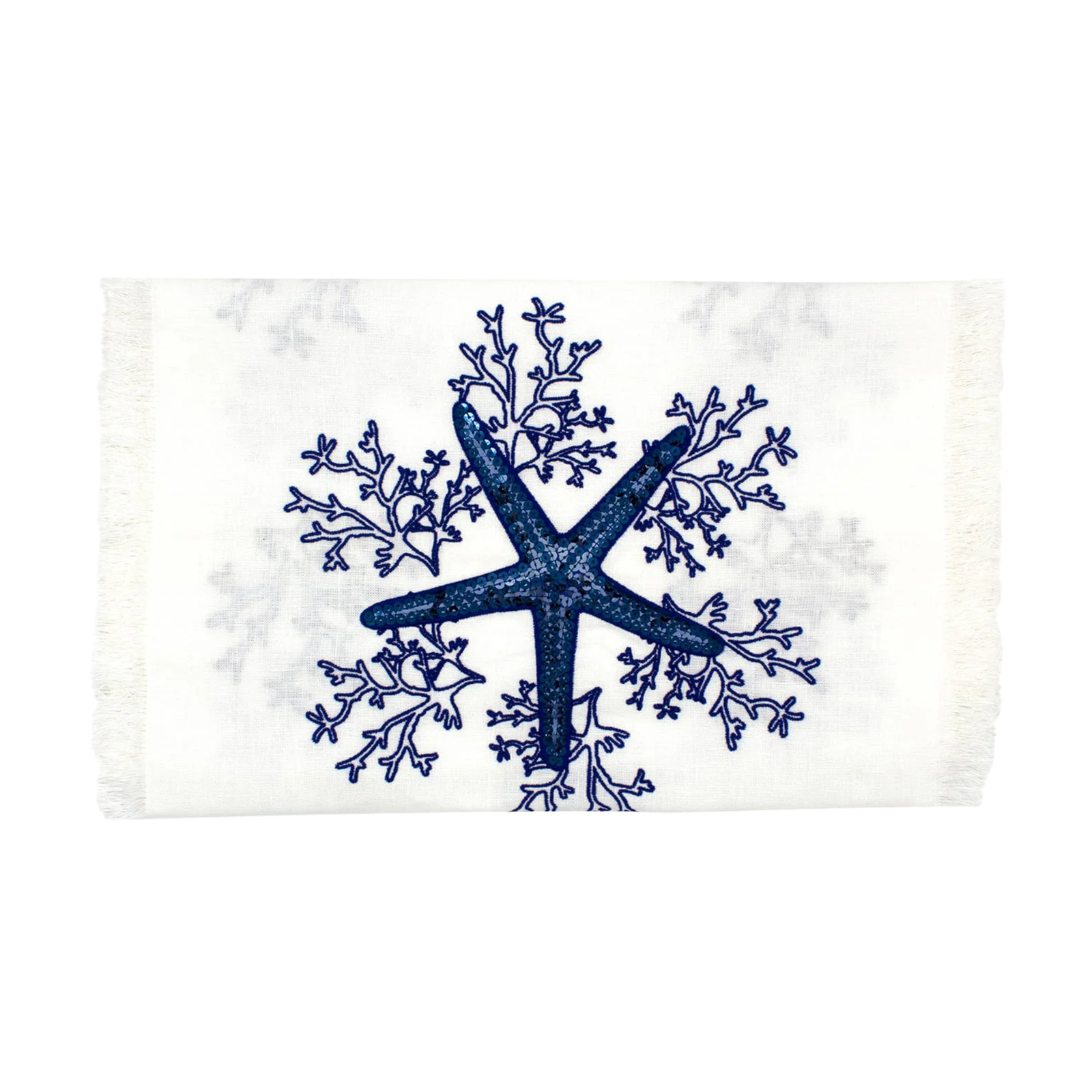 Blue Coral Runner with Fringe - White Linen