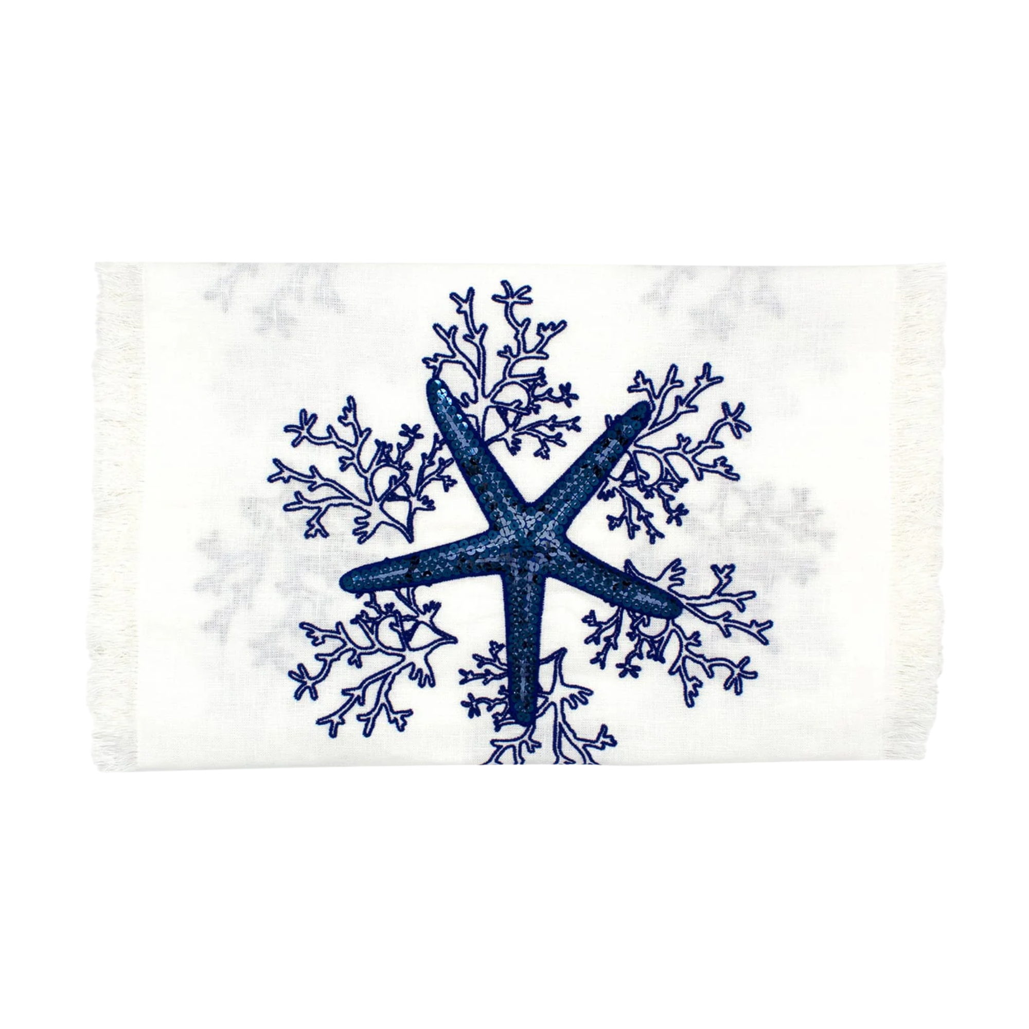 Blue Coral Runner with Fringe - White Linen