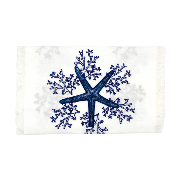 Blue Coral Runner with Fringe - White Linen