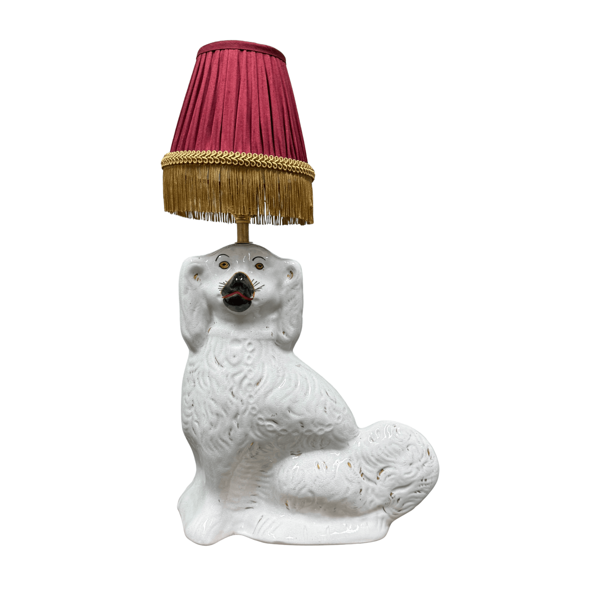 Classic Staffordshire Dog Lamp with Red Silk Shade