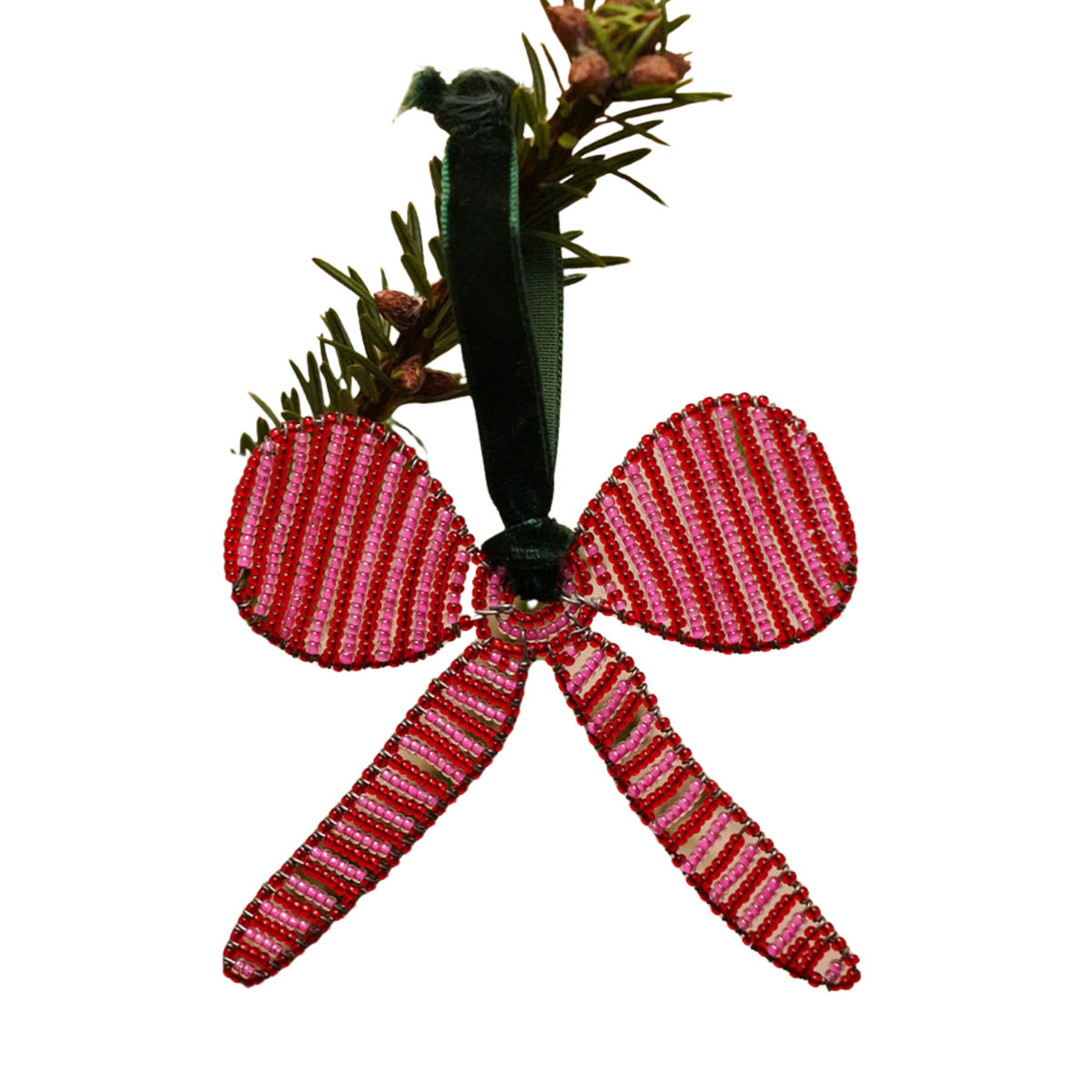 HAJA: Hand-beaded Red and Pink Bow Tree Decoration