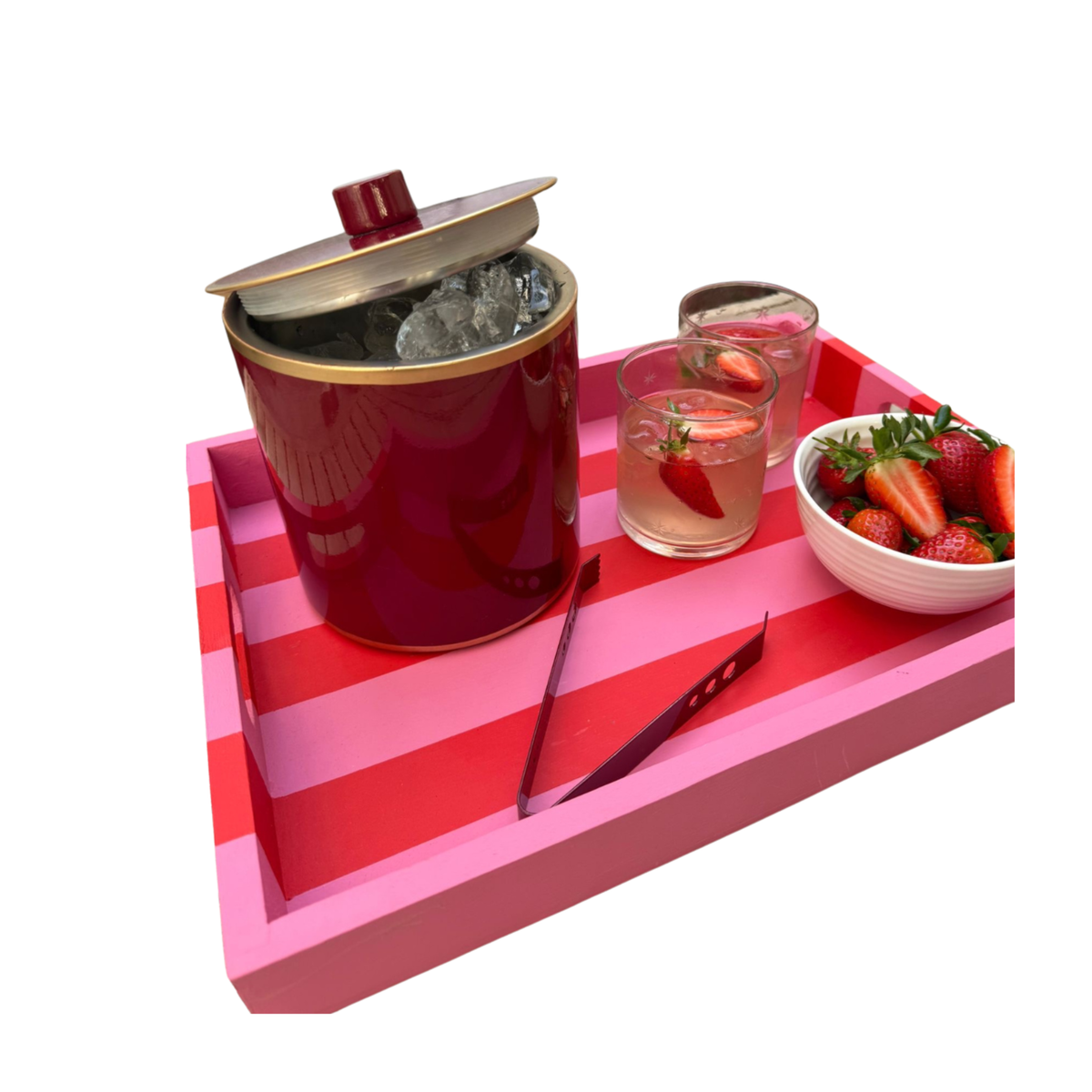 Vibrant Pink and Poppy Red Decorative Striped Tray with handles