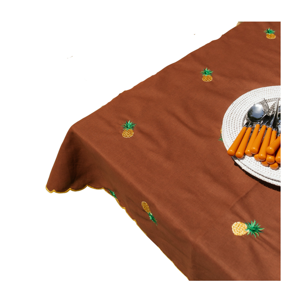 Tablecloth Embroidered with Pineapples, Brown
