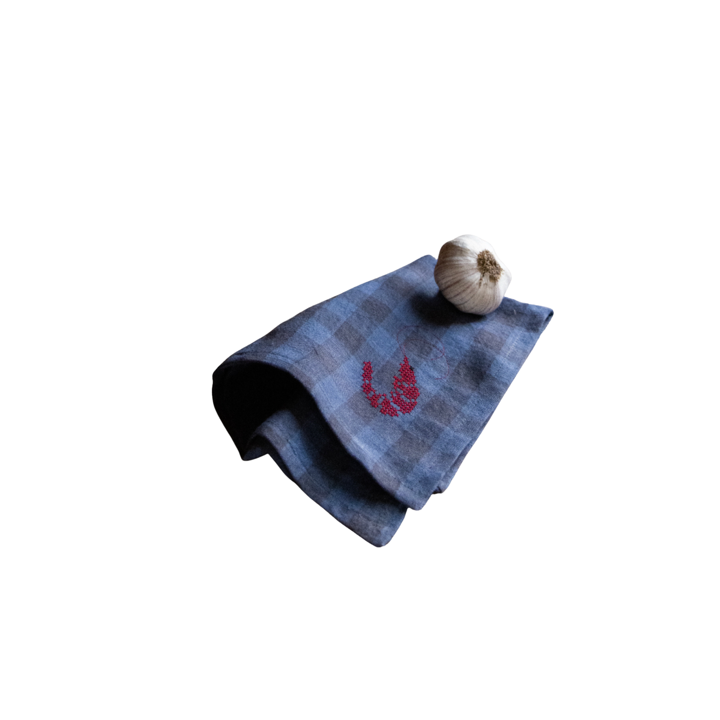 Blue Gingham Linen Napkins with Prawn Embroidery (Set of 2)