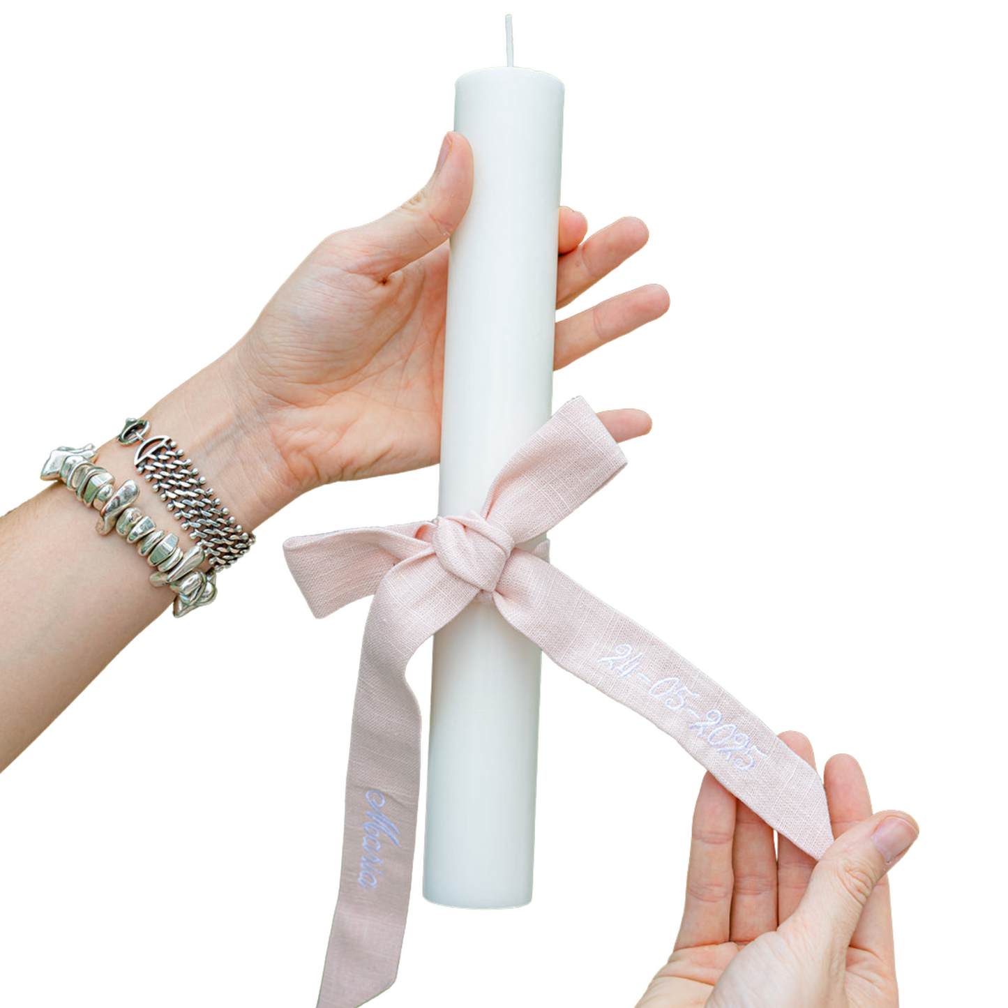 Personalised White Christening Candle with Pink Ribbon
