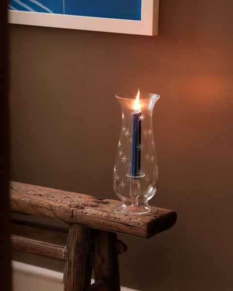 Star Etched Glass Hurricane Lantern Issy Granger for Blue Wax Dinner Candles 