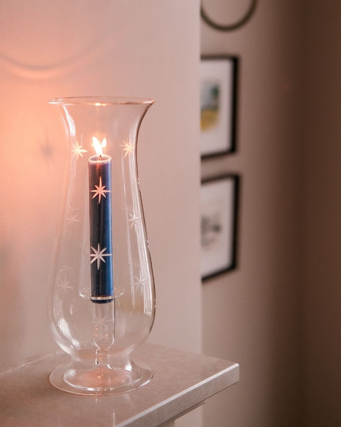 Star Etched Glass Hurricane Lantern Issy Granger for Wax Dinner Candles 