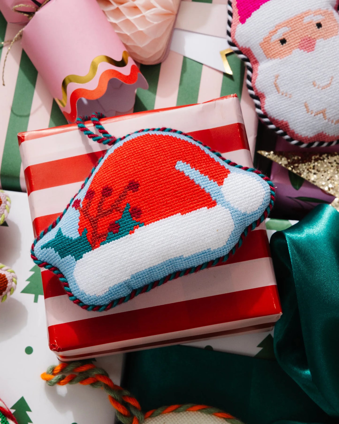 Needlepoint Icon Ornament - Santa Hat - Furbish Studio