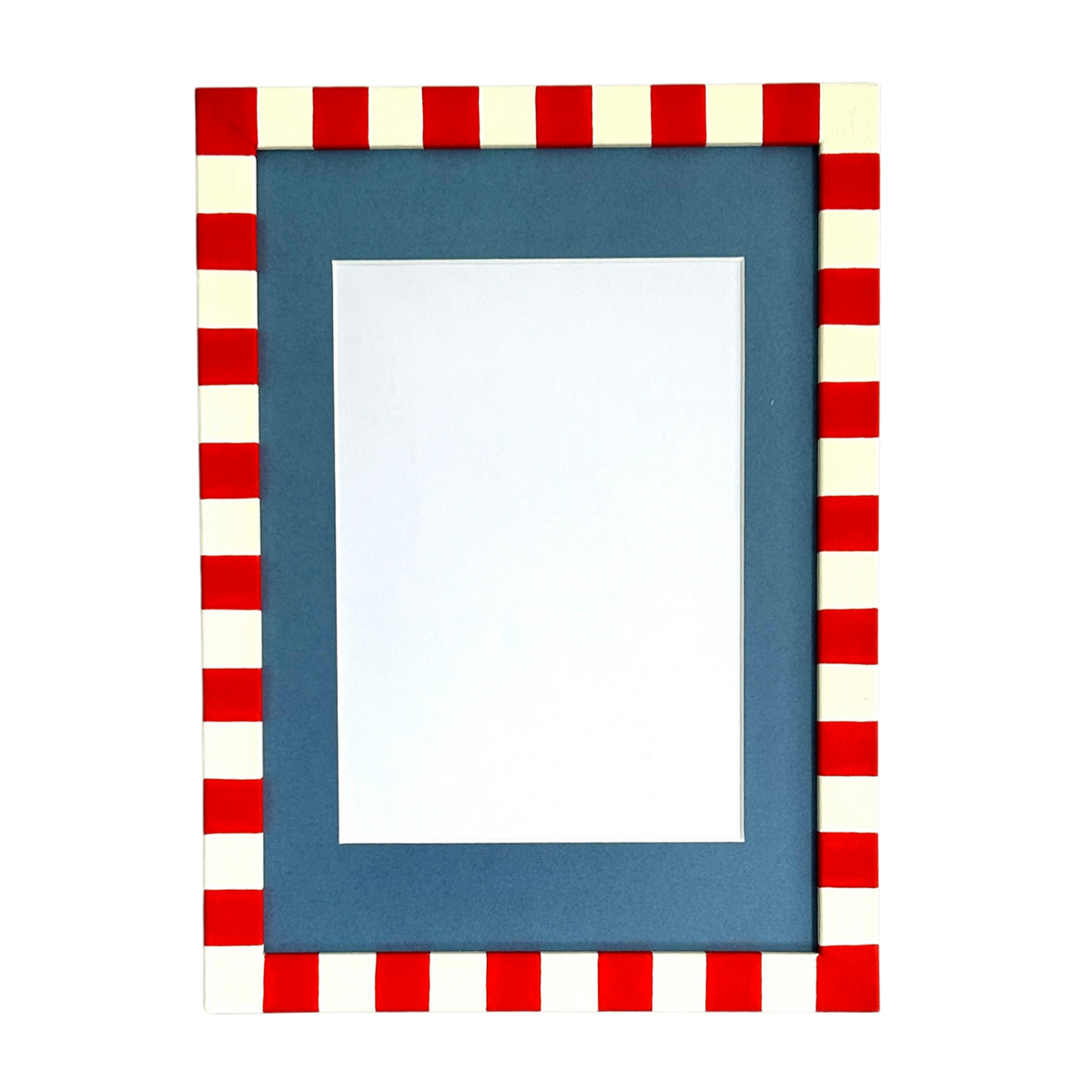 Rectangular blue frame with red and white checkered border on a white background