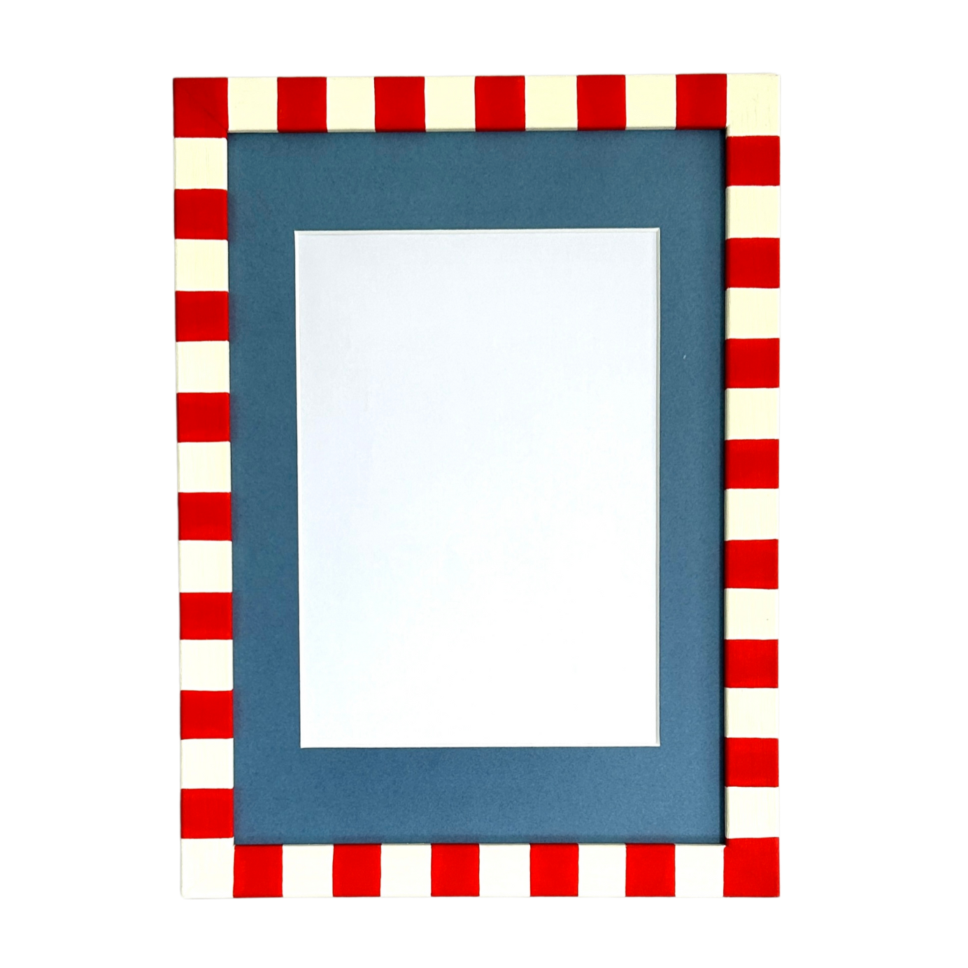 Rectangular blue frame with red and white checkered border on a white background