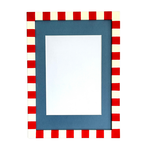Rectangular blue frame with red and white checkered border on a white background