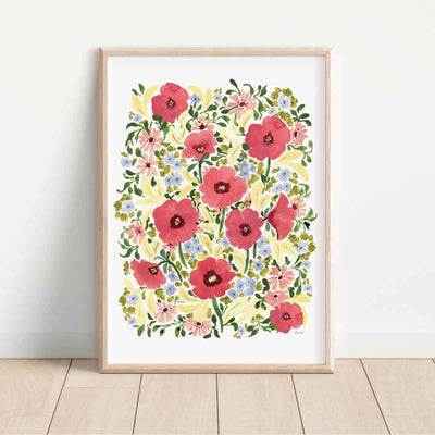 watercolour hand painted poppy floral design, bright pinks, lilacs, butter yellow and greenery fine art print in a4, a3, a2 size