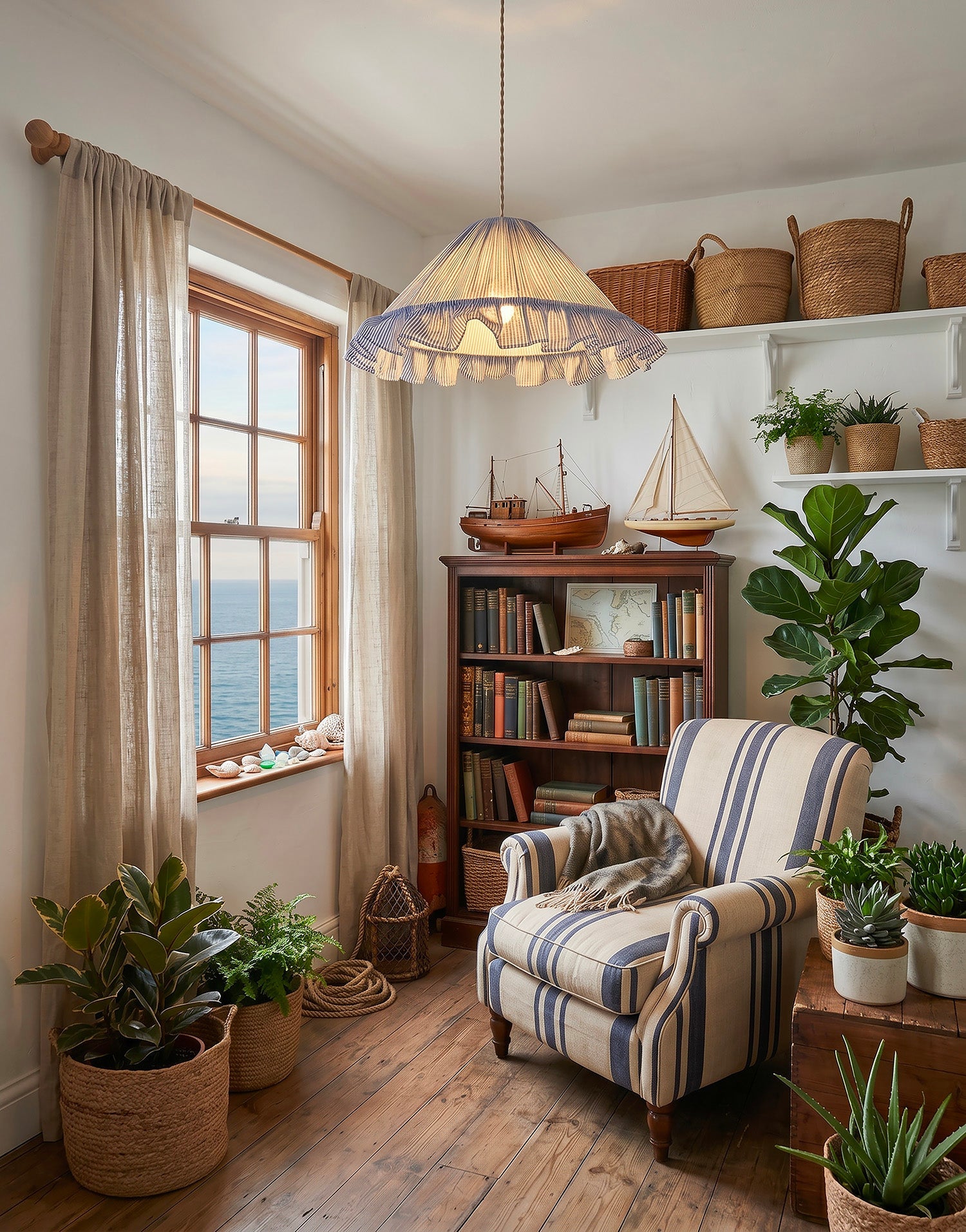Emilia "Marina" Conical Pendant Light with Fine Stripes and Ruffles
