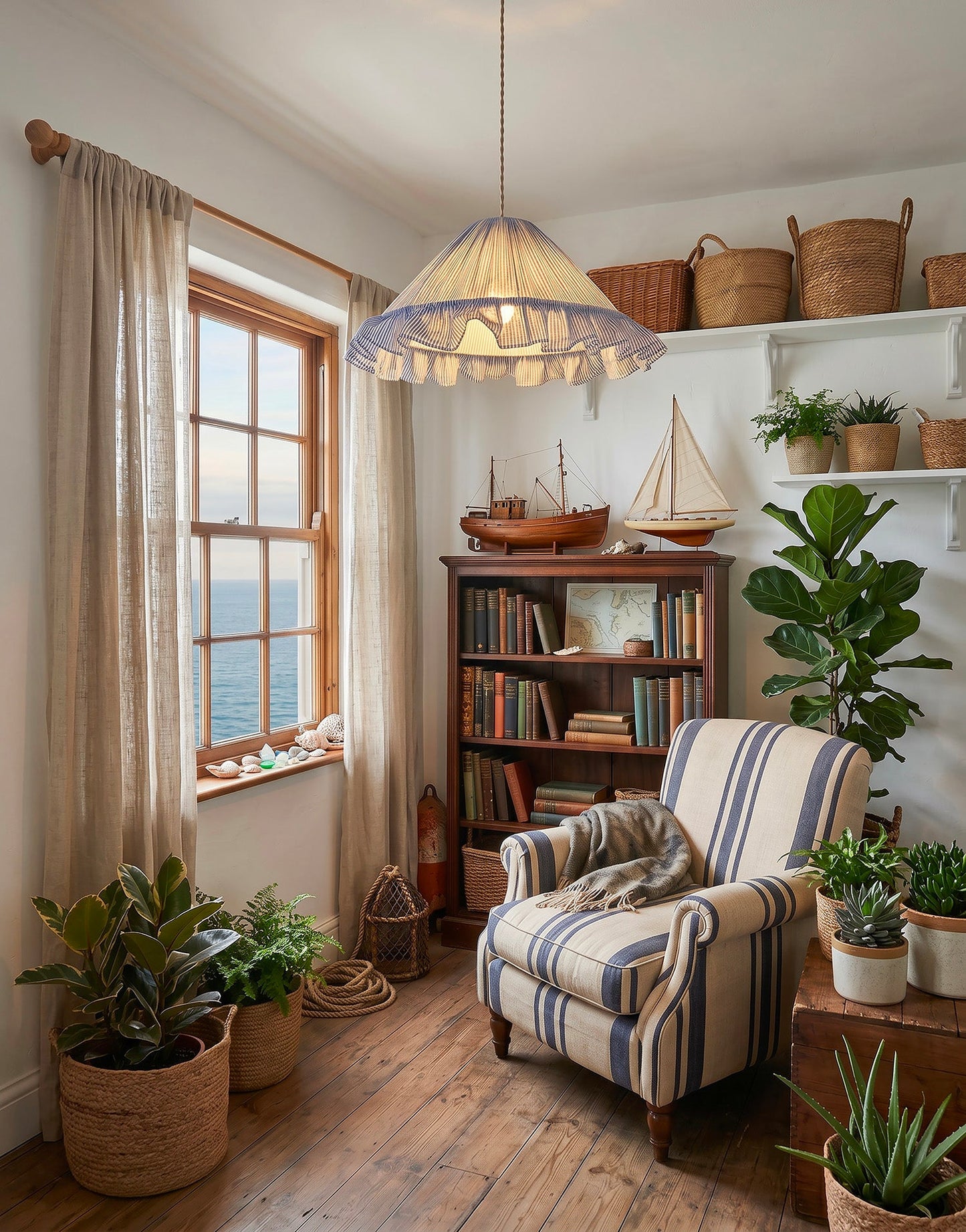 Emilia "Marina" Conical Pendant Light with Fine Stripes and Ruffles