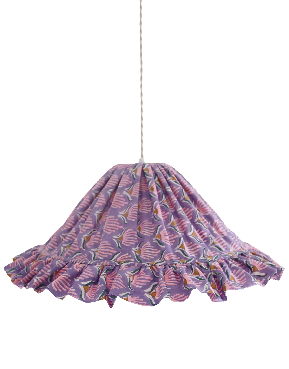 Conical Pendant Light with Emilia Ruffle “Purple Shell Flowers”