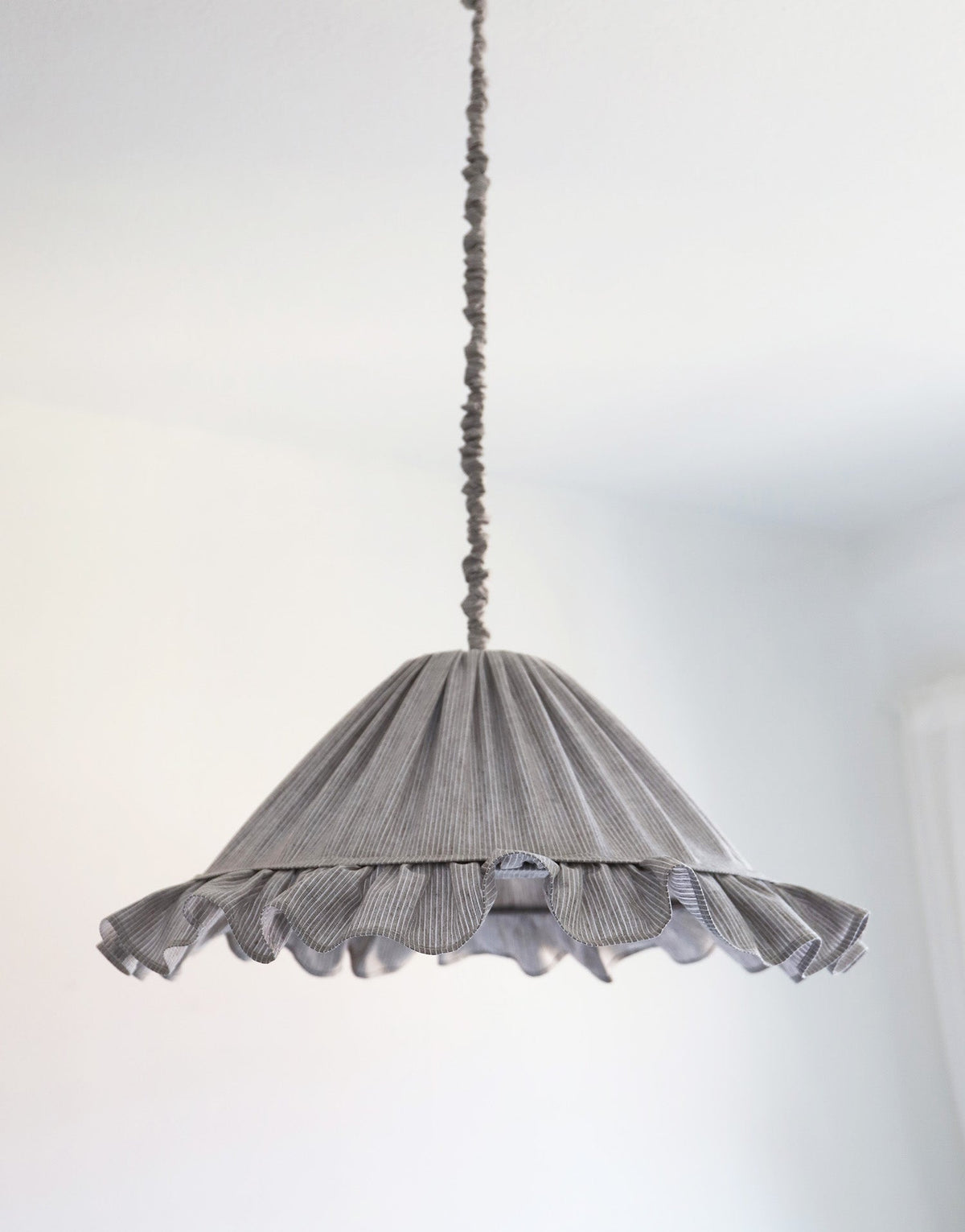 Emilia Pendant Light, Pleated Ruffle Lampshade, Grey Stripes