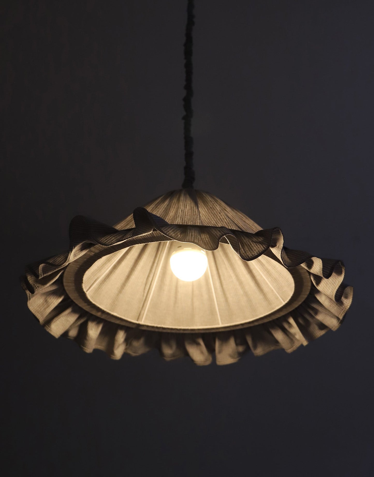 Emilia Pendant Light, Pleated Ruffle Lampshade, Grey Stripes