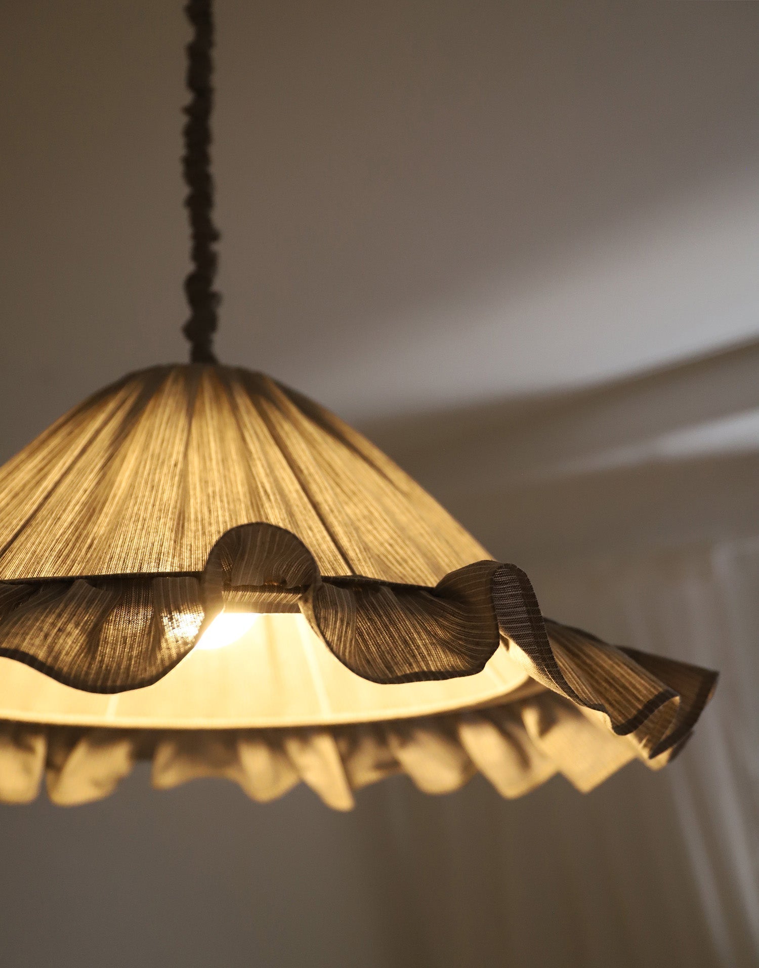 Emilia Pendant Light, Pleated Ruffle Lampshade, Grey Stripes
