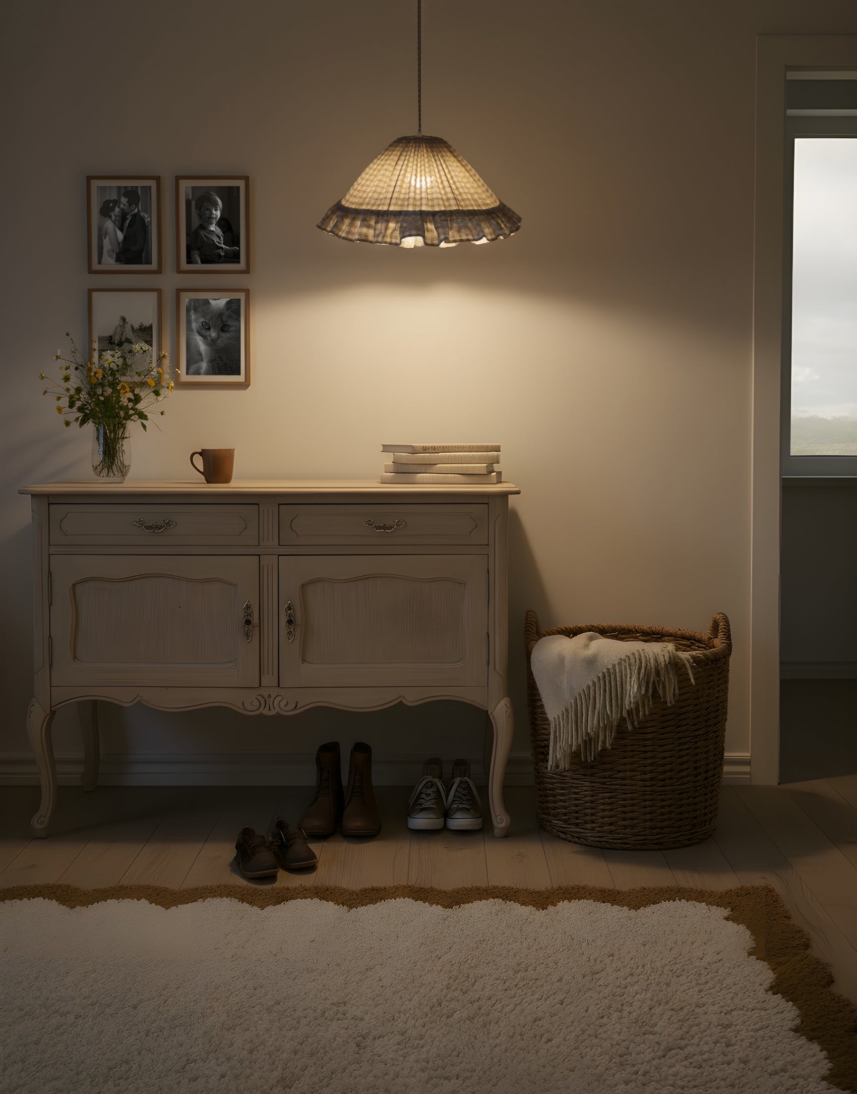 Conical Pendant Light With Ruffle Emilia “Petits Carreaux Beige”