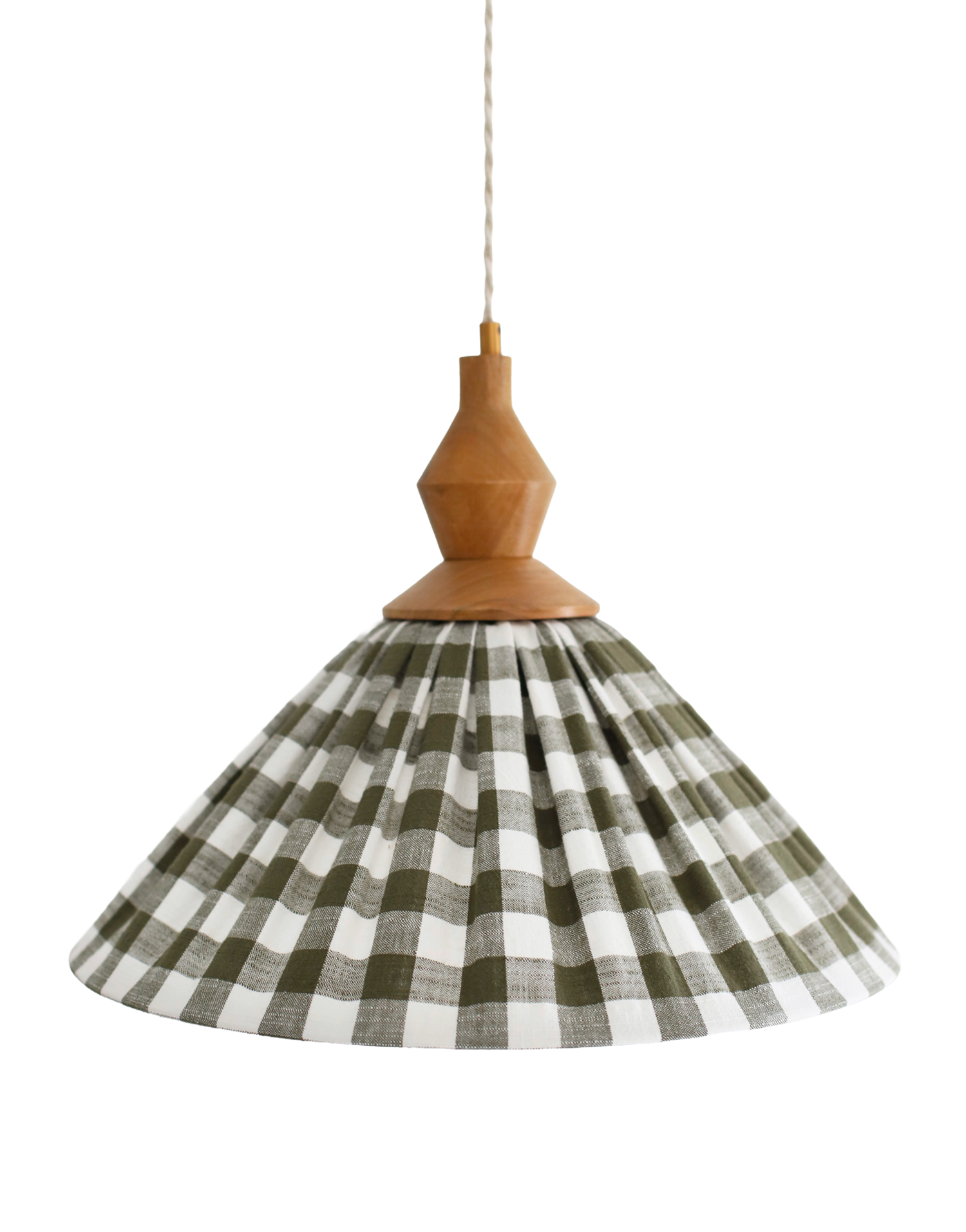Olga Pleated Pendant Light in Khaki Check Fabric with Turned Wood Finish