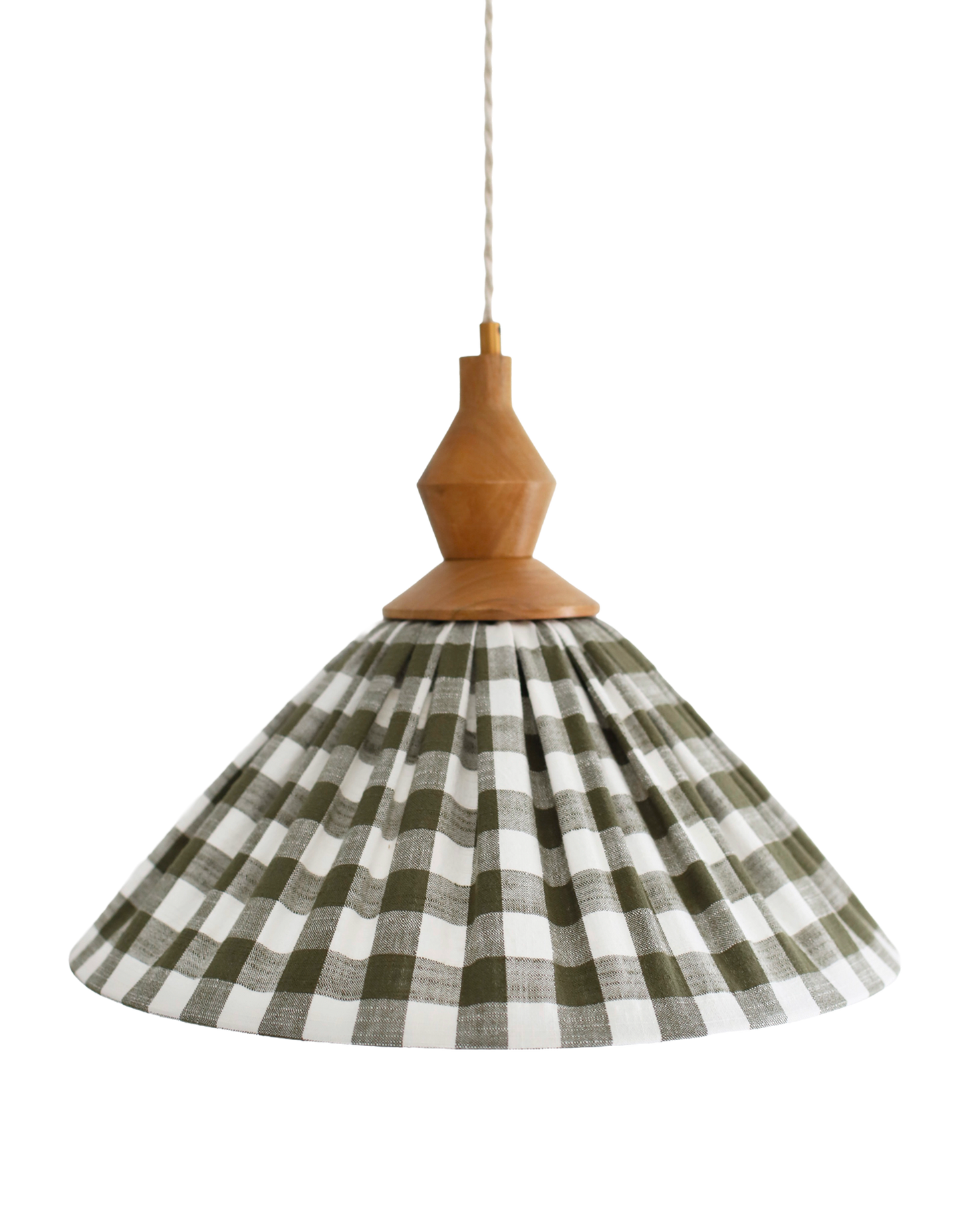 Olga Pleated Pendant Light in Khaki Check Fabric with Turned Wood Finish