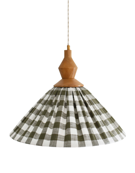 Olga Pleated Pendant Light in Khaki Check Fabric with Turned Wood Finish