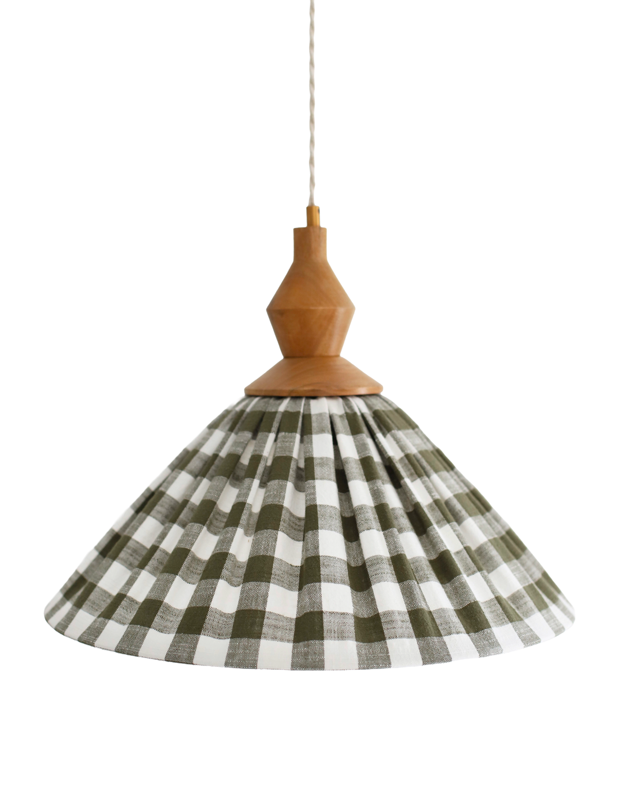 Olga Pleated Pendant Light in Khaki Check Fabric with Turned Wood Finish