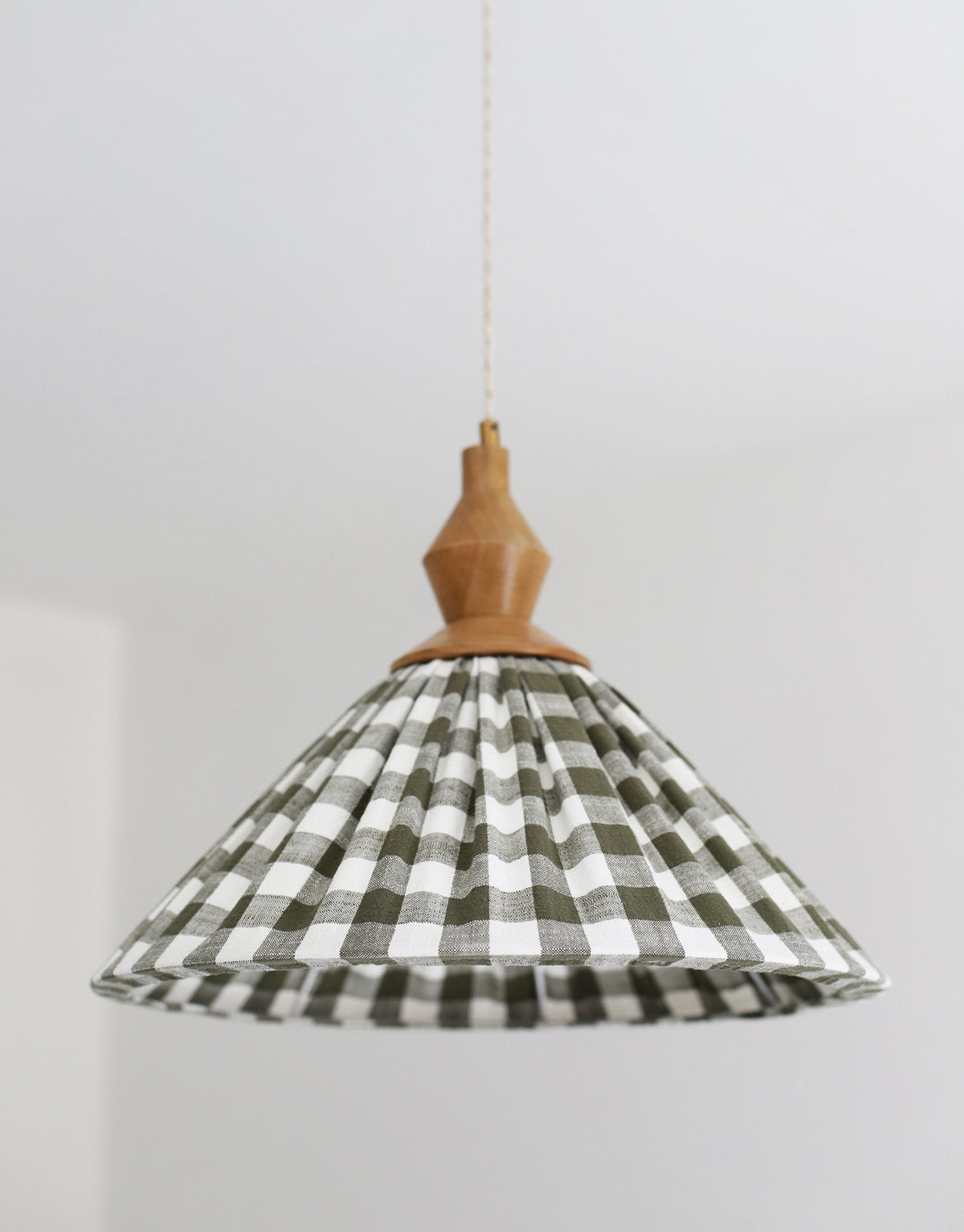 Olga Pleated Pendant Light in Khaki Check Fabric with Turned Wood Finish