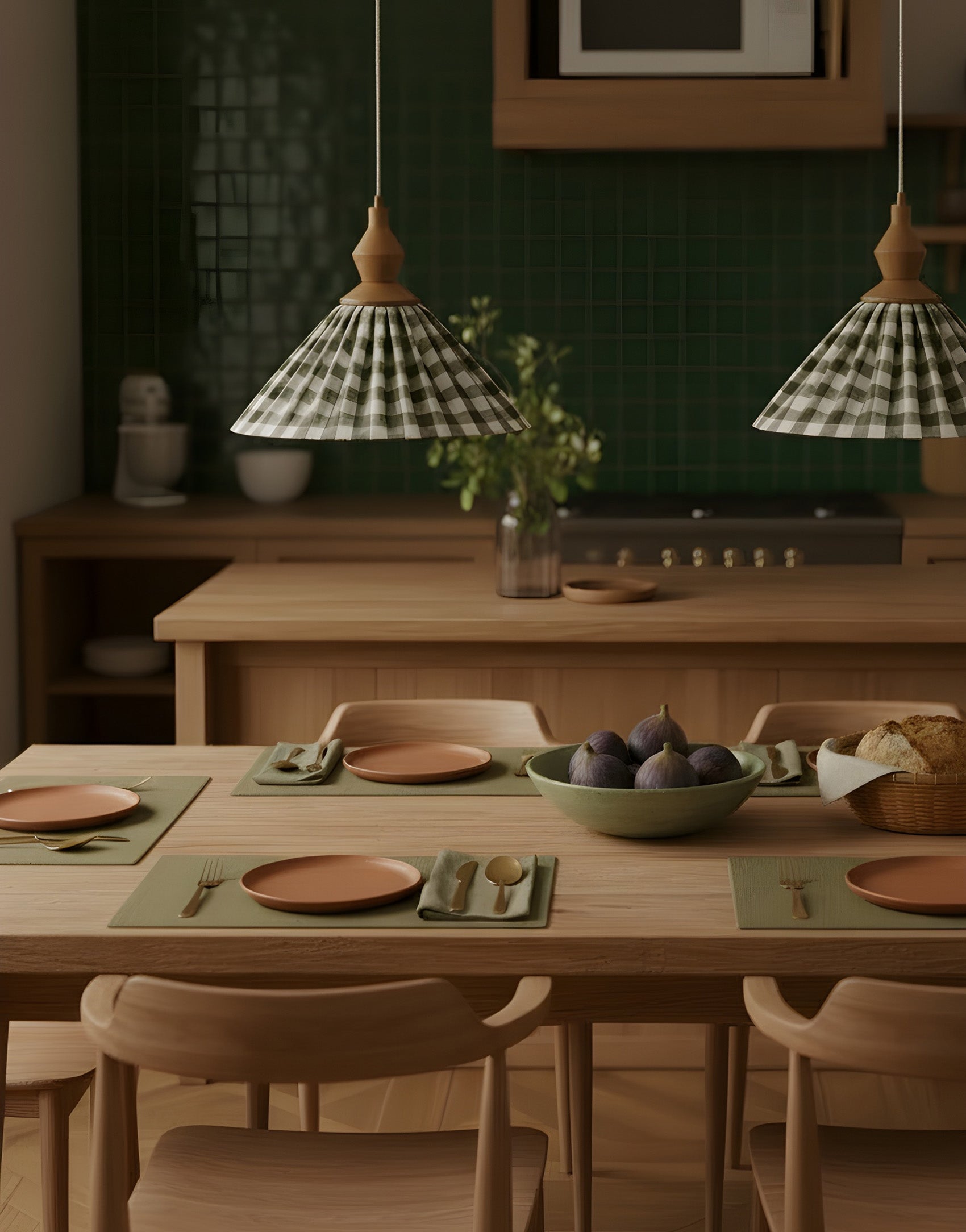 Olga Pleated Pendant Light in Khaki Check Fabric with Turned Wood Finish