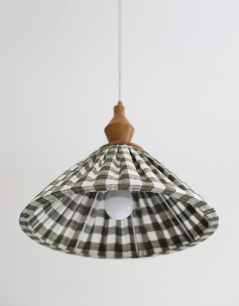 Olga Pleated Pendant Light in Khaki Check Fabric with Turned Wood Finish