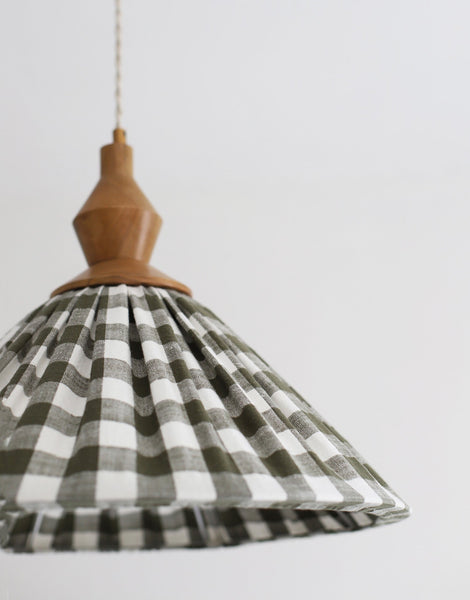 Olga Pleated Pendant Light in Khaki Check Fabric with Turned Wood Finish