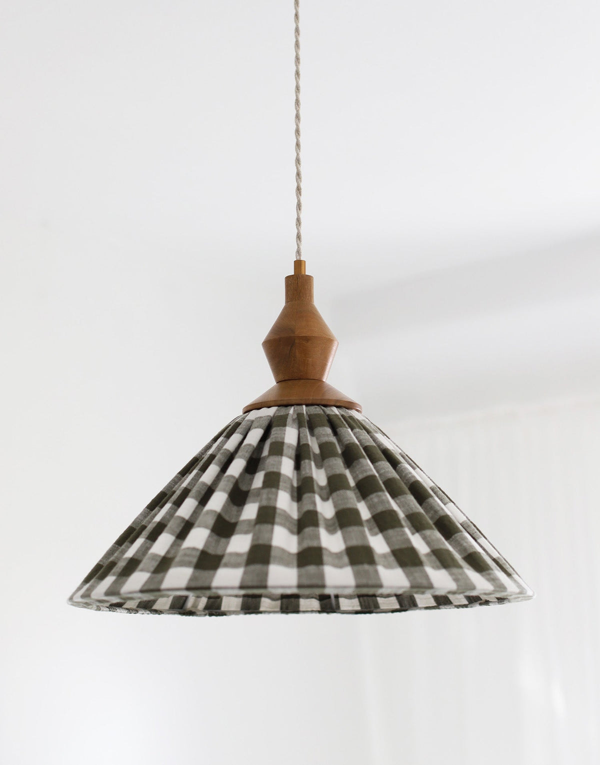 Olga Pleated Pendant Light in Khaki Check Fabric with Turned Wood Finish