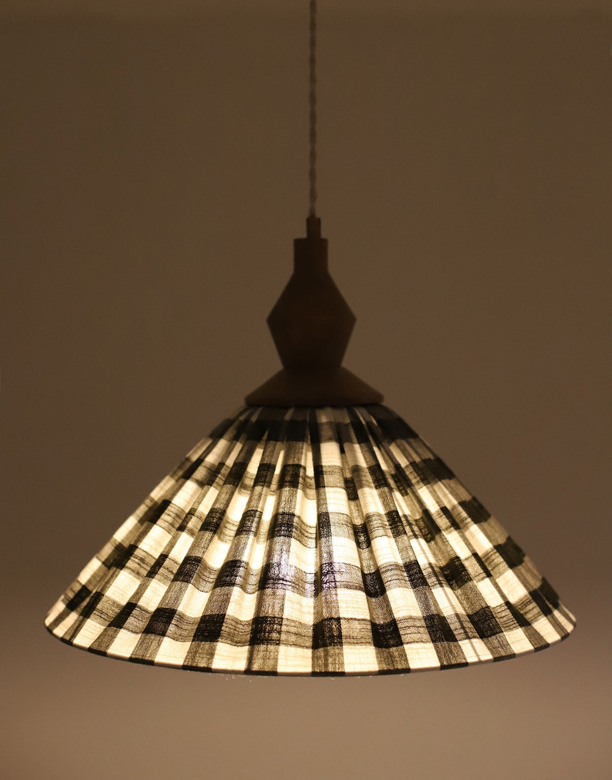 Olga Pleated Pendant Light in Khaki Check Fabric with Turned Wood Finish