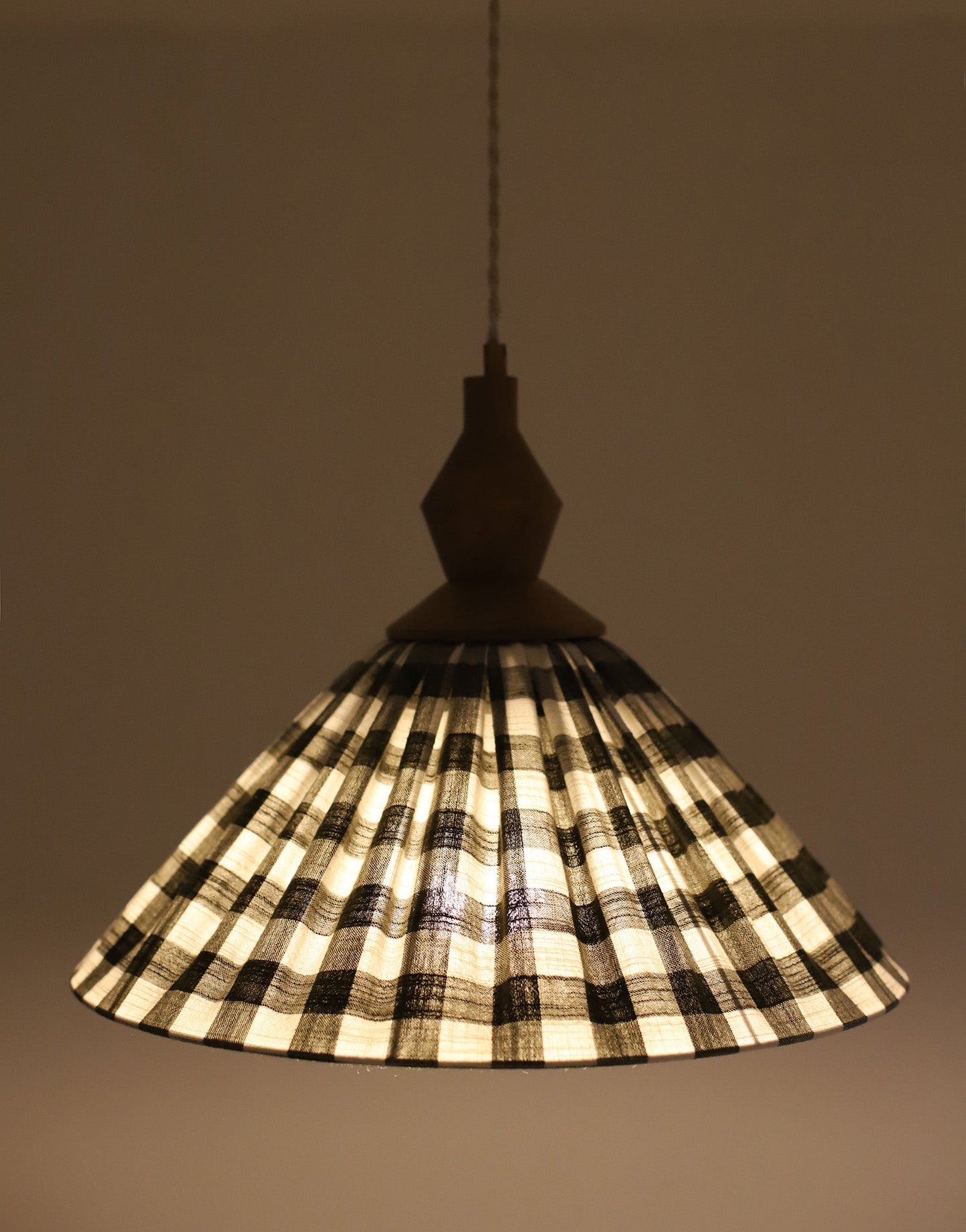 Olga Pleated Pendant Light in Khaki Check Fabric with Turned Wood Finish
