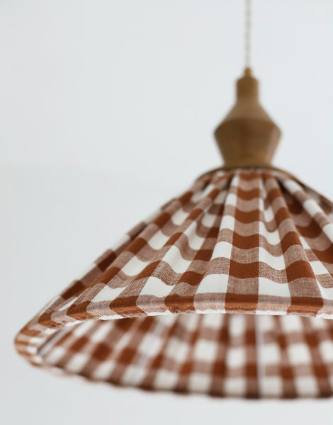 Olga Pleated Pendant Light in Terracotta Check Fabric with Turned Wood Finish