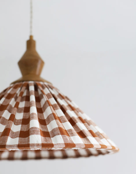 Olga Pleated Pendant Light in Terracotta Check Fabric with Turned Wood Finish