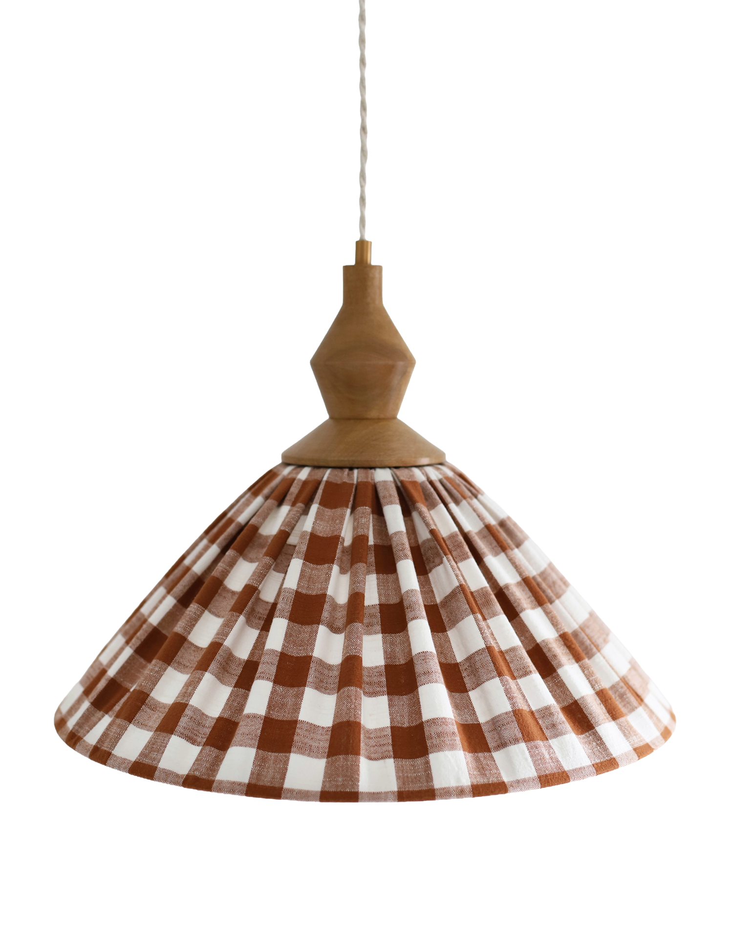 Olga Pleated Pendant Light in Terracotta Check Fabric with Turned Wood Finish