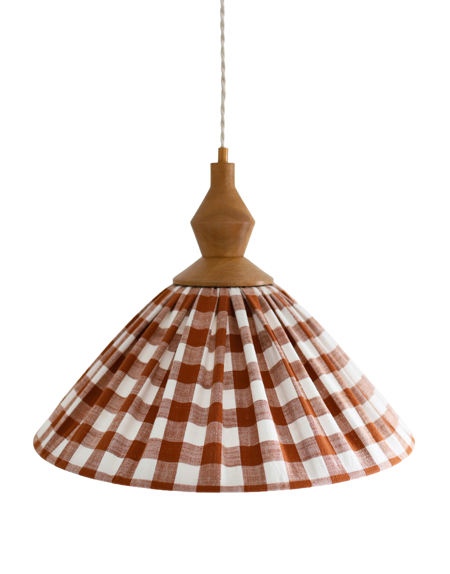 Olga Pleated Pendant Light in Terracotta Check Fabric with Turned Wood Finish
