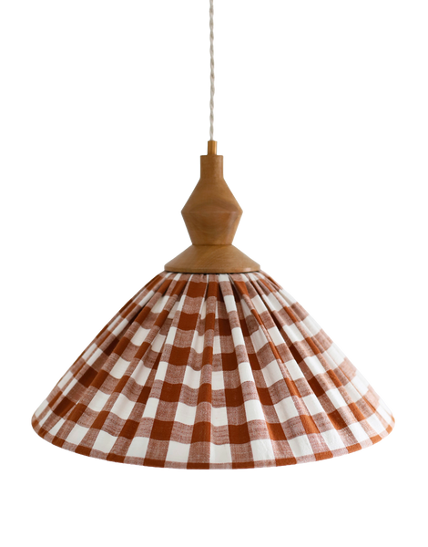 Olga Pleated Pendant Light in Terracotta Check Fabric with Turned Wood Finish
