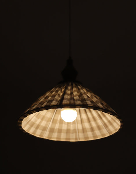 Olga Pleated Pendant Light in Beige Check Fabric with Turned Wood Finish