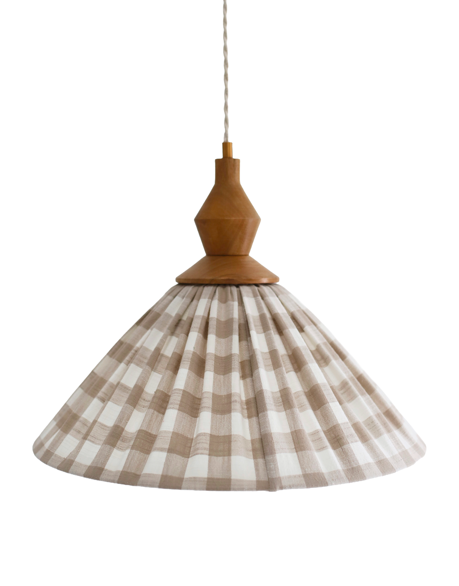 Olga Pleated Pendant Light in Beige Check Fabric with Turned Wood Finish