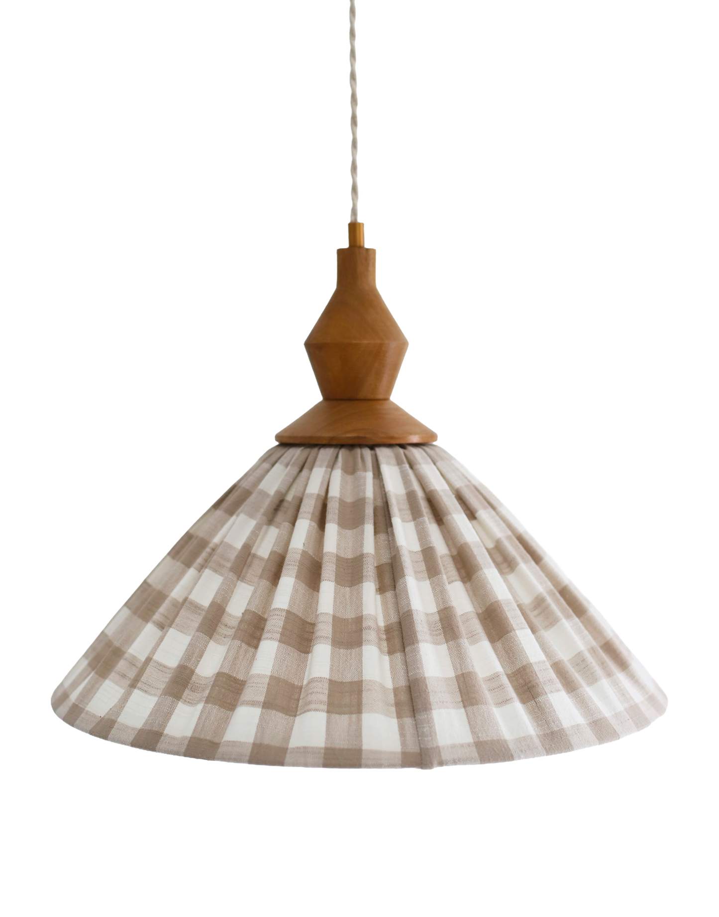 Olga Pleated Pendant Light in Beige Check Fabric with Turned Wood Finish